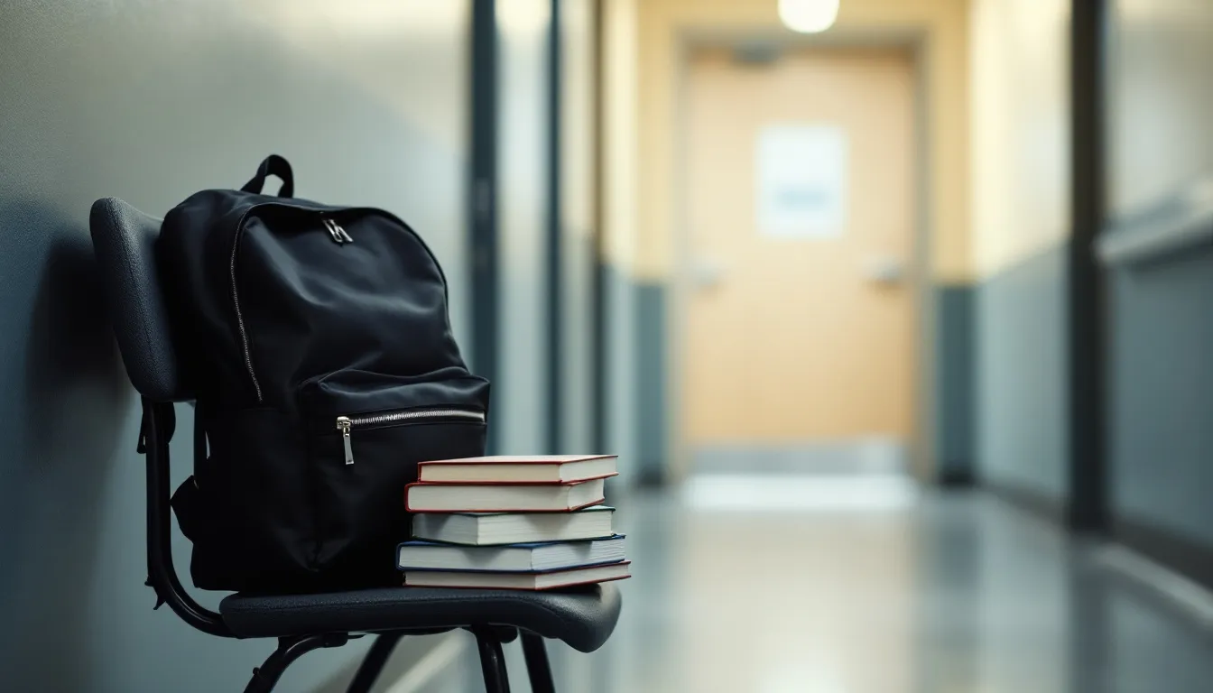 A backpack and a stack of textbooks left on a chair outside a closed exam-room door