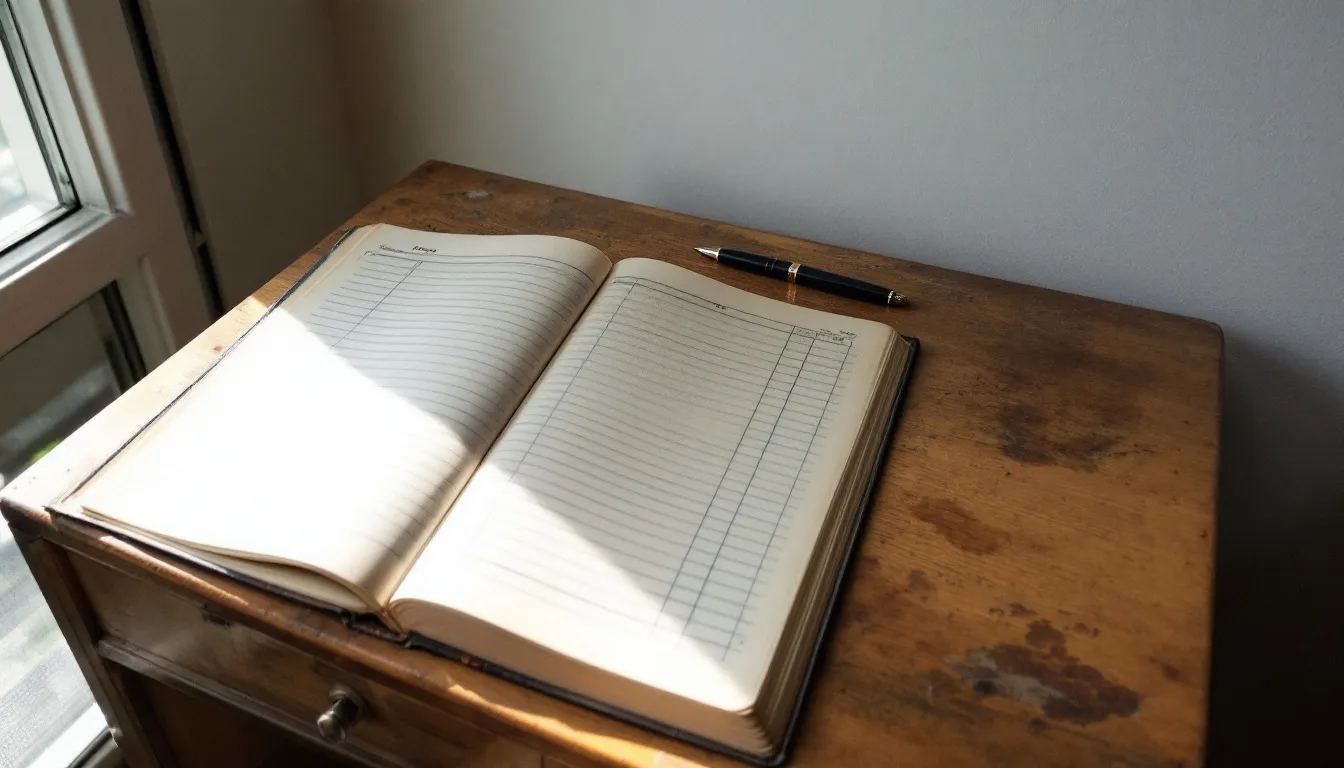 An open ledger with blank ruled columns and a pen on a worn wooden desk by a window