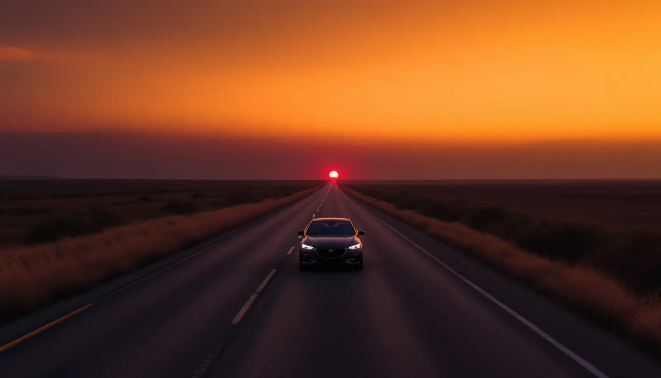 A lone car with its headlights on, driving an empty two-lane highway toward a red sunset