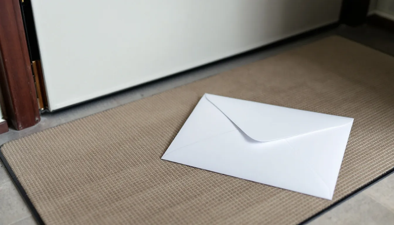 An unopened white envelope lying on a doormat just inside a front door