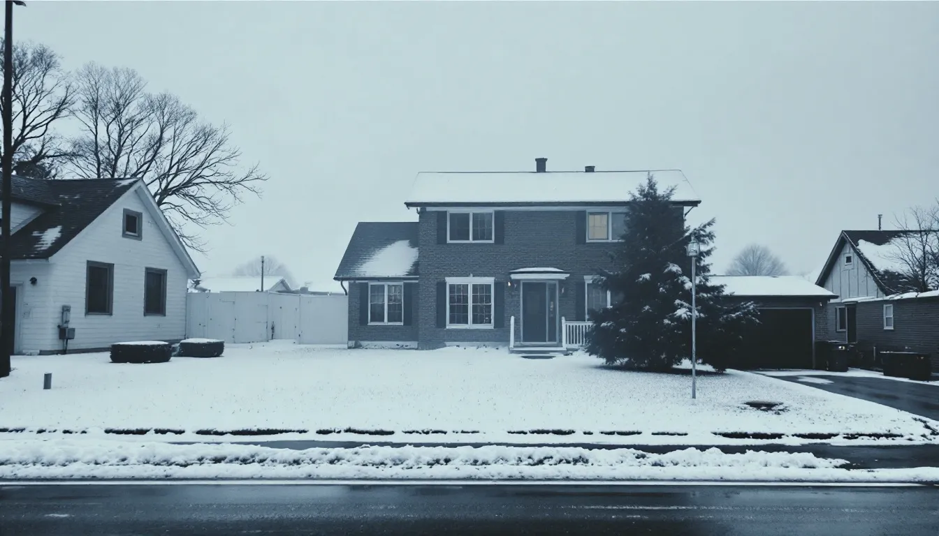 A two-storey brick house on a snow-covered street in winter, one upstairs window lit
